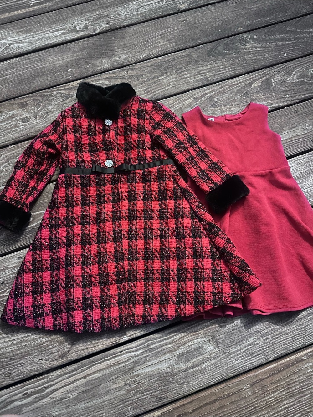 Blueberi Boulevard Black Faux Fur Collar Coat and dress with Red Lining